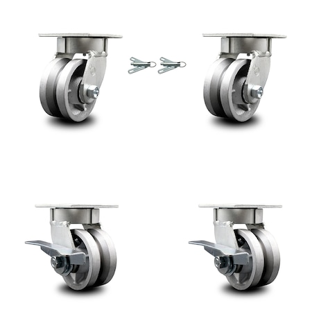 Service Caster 4 Inch Kingpinless V Groove Semi Steel Wheel Caster Swivel Locks 2 Brakes, 2PK SCC-KP30S420-VGR-BSL-2-SLB-2